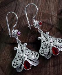 Ruby Flower Motif Silver Earrings